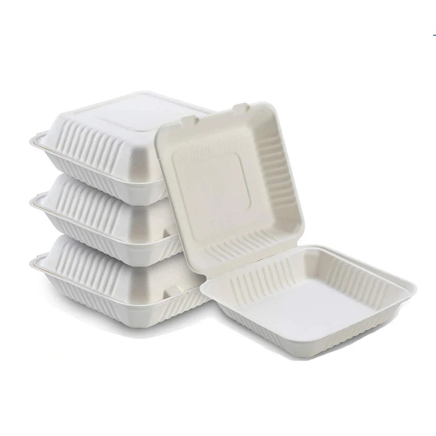 8x8x3 Sugarcane Clamshell Compostable Food Container, 200/Case
