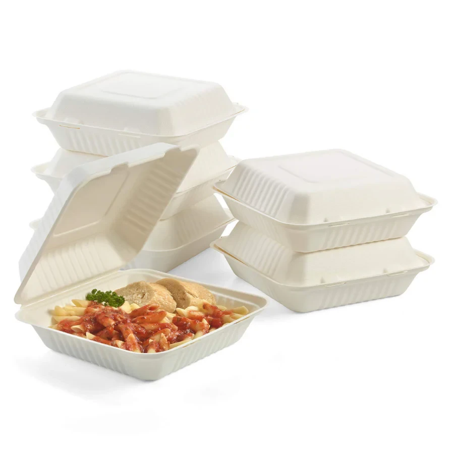 9x9x3 Sugarcane Clamshell Compostable Food Container, 200/Case
